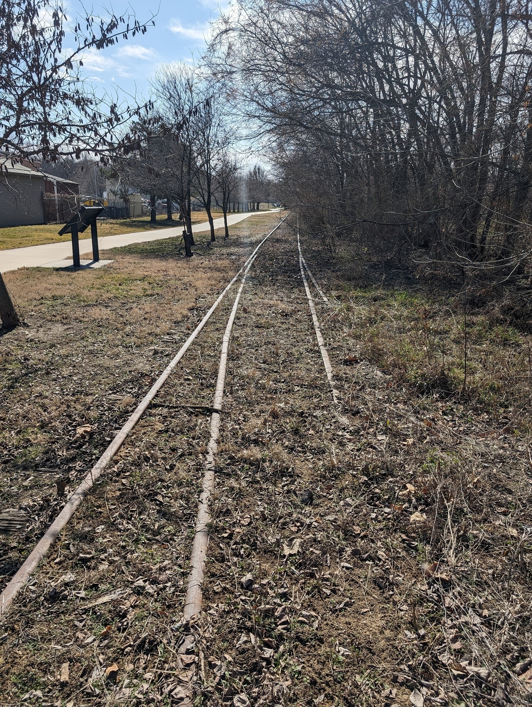 Photo of a set of old, unused and discarded rail tracks running parallel to a cement pathway. To the right is a small, scraggly treeline.