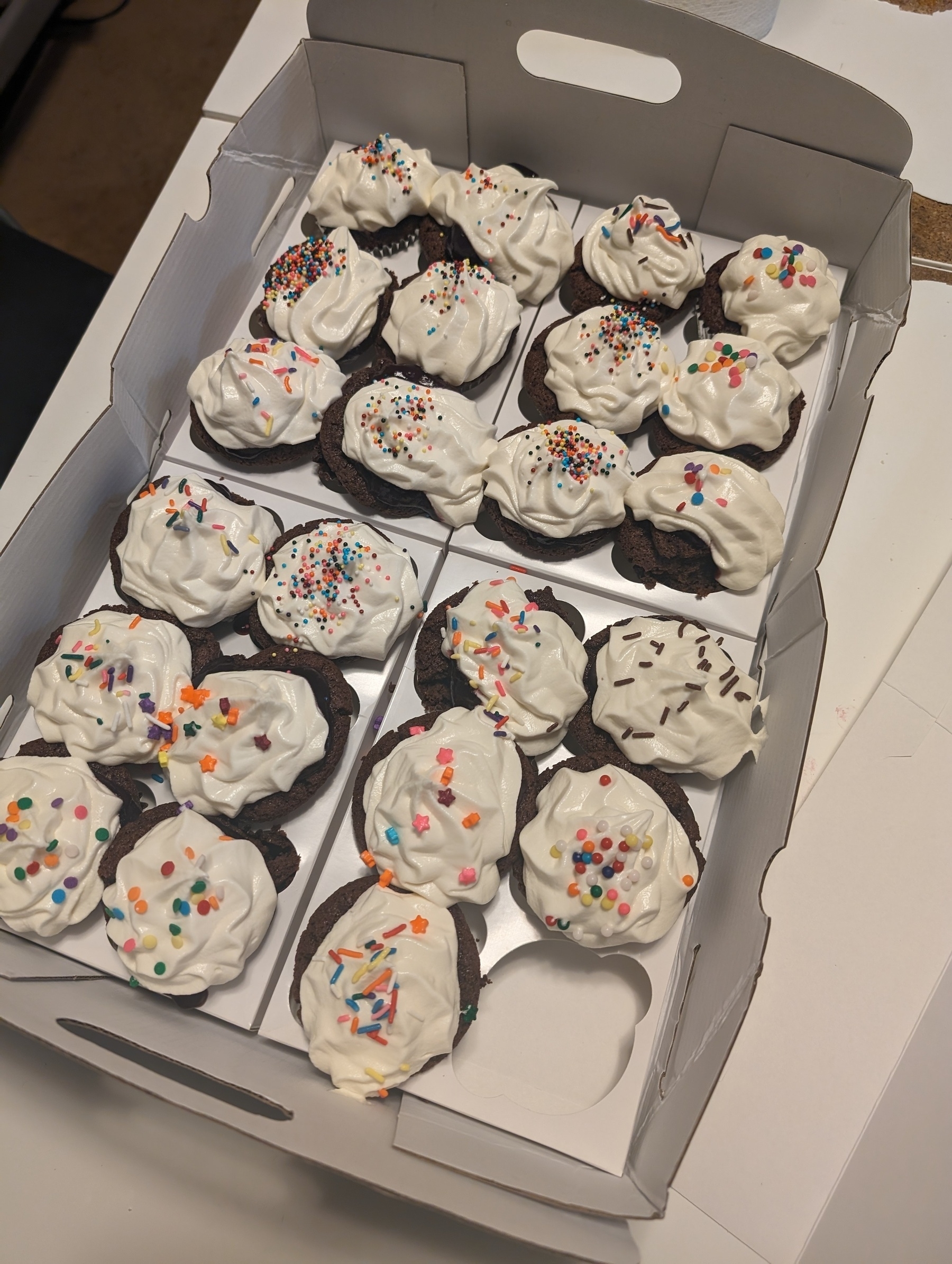 Photo of 23 cupcakes, chocolate cherry with vanilla cream cheese frosting. Sprinkles have been liberally applied. They aren't pretty.