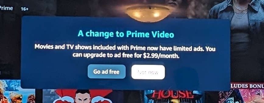 Close cropped image of Amazon Prime Video grifting for another 3 bucks a month to do away with advertisements.