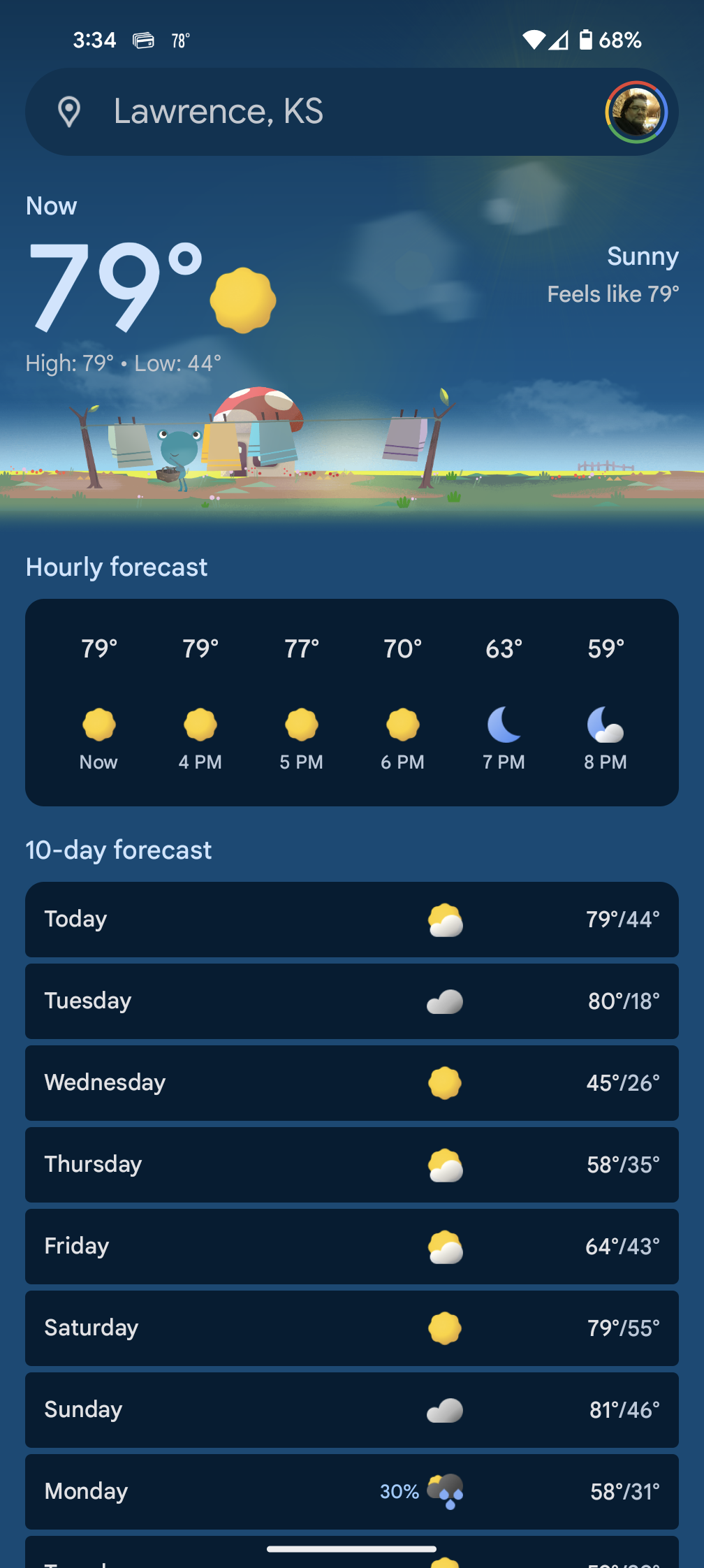 Screenshot of the weekly weather forecast of Lawrence, Kansas. Of note is that it's currently newly 80 degrees fahrenheit, however, tomorrow evening the bottom falls out of the temperature and it goes from 80 down to 18 degrees. It might even sleet, freeze, snow. Not that it will last.