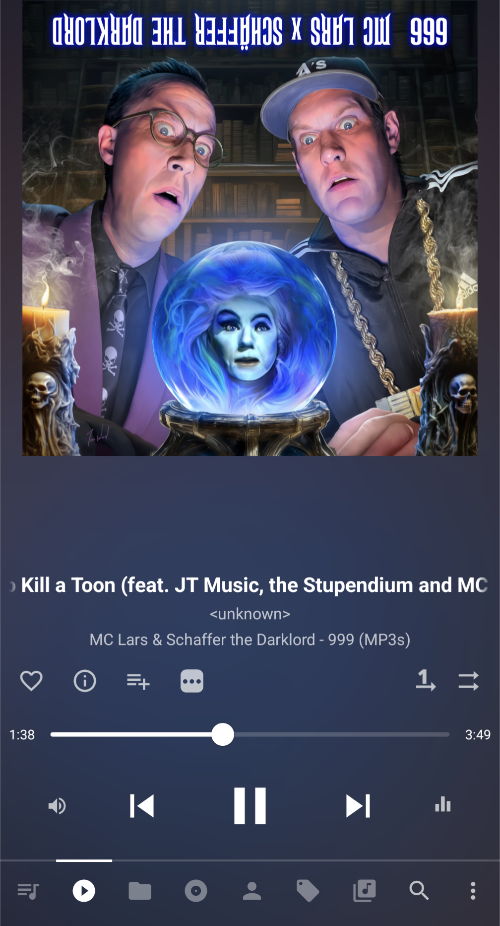 Screen shot of my media player, currently playing "Kill a Toon", from MC Lars and Schaefer the Darklord's recently released 999 album.